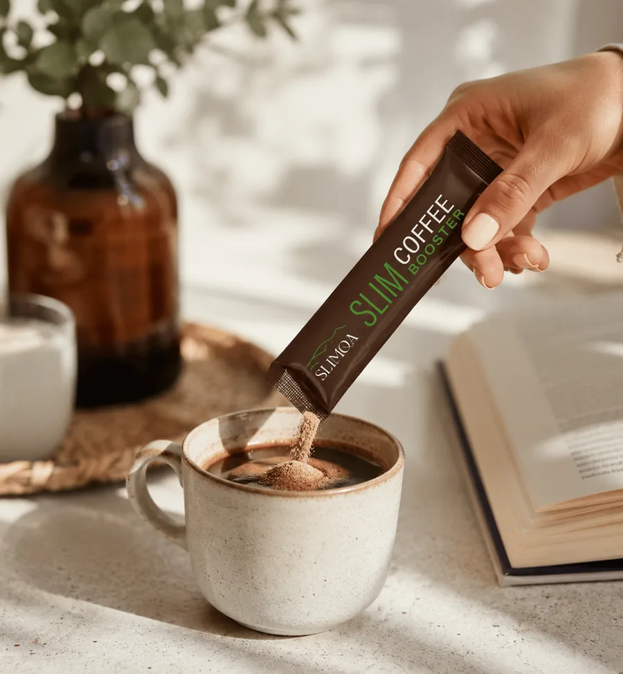 Sobre monodosis de Slimqa Slim Coffee Booster vertiéndose en una taza de café